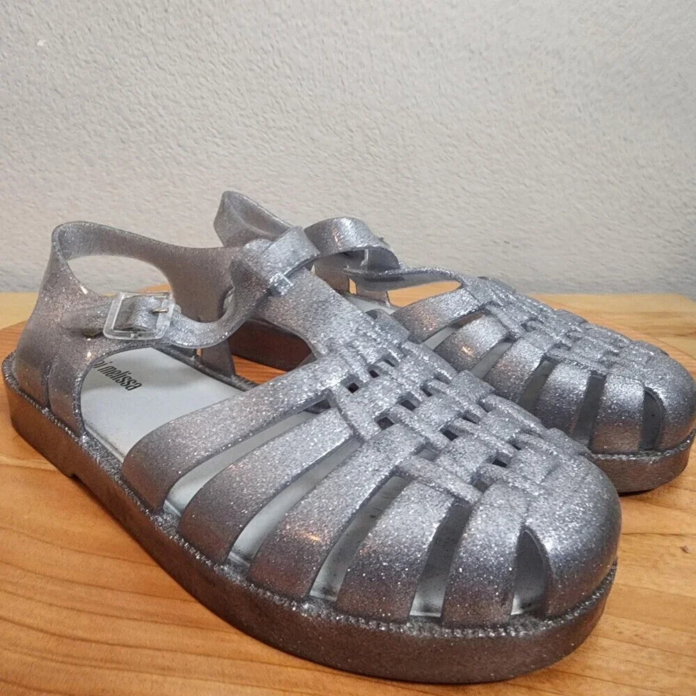 Mini Melissa Sandals Girls Size 3 Silver Glitter Jelly Fisherman Shoes 10GR23BR